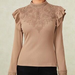 Women’s Elegant Lace Crew Neck Long Sleeve T-Shirt - Size S